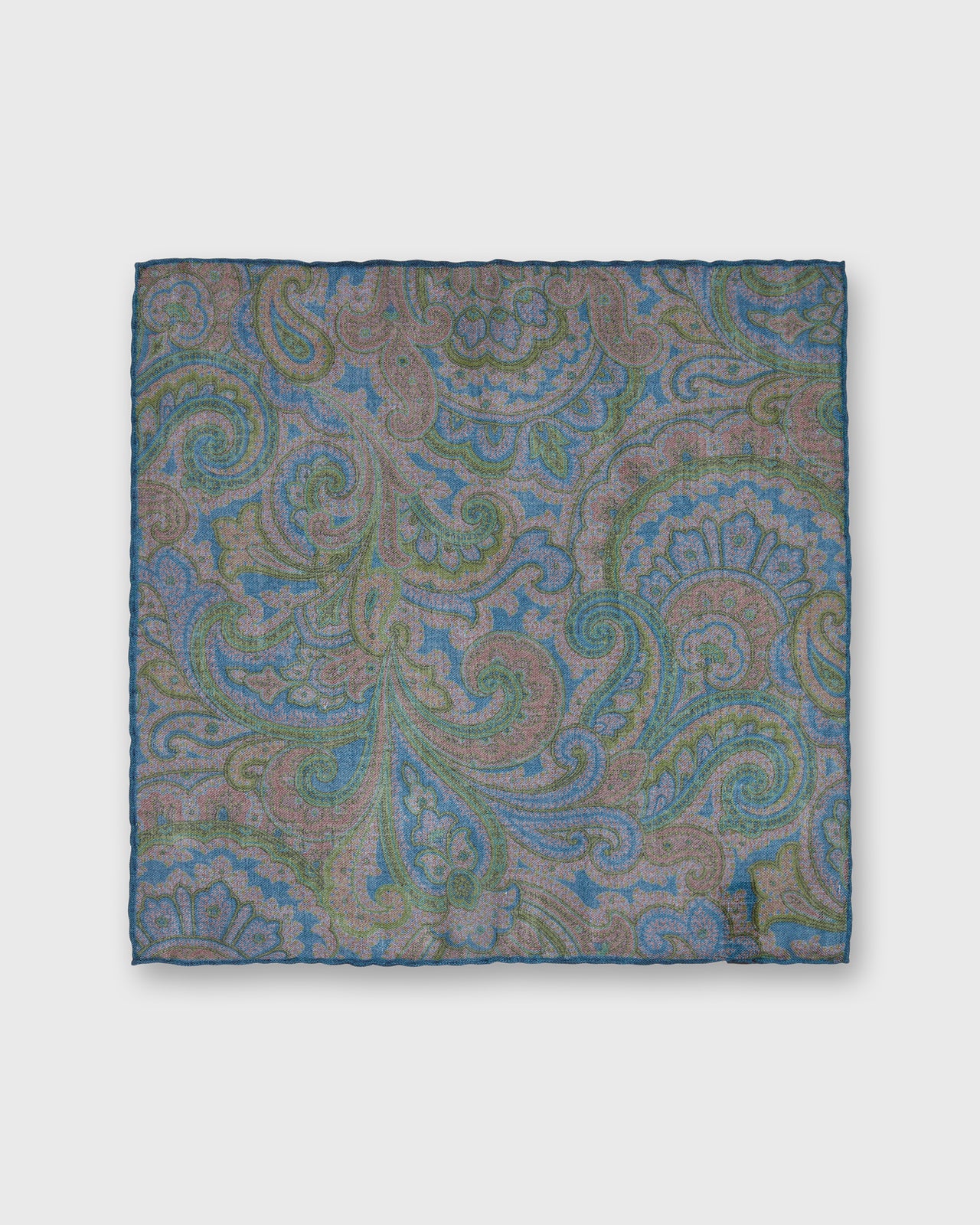 Hand-Rolled Wool/Silk Pocket Square in Lovat/Navy Paisley