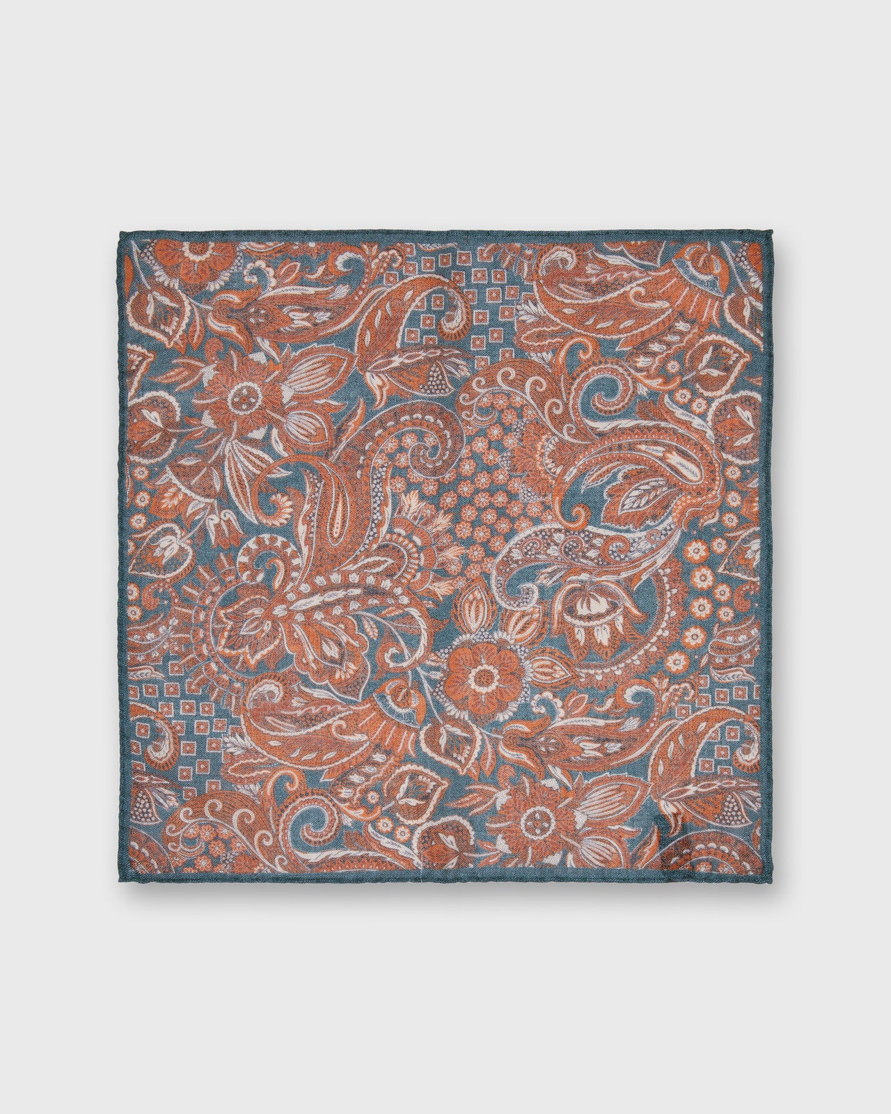 Hand-Rolled Wool/Silk Pocket Square in Lovat/Orange Floral