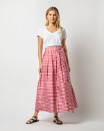 Load image into Gallery viewer, Pleated Wrap Midi Skirt in Red Gingham Silk Shantung

