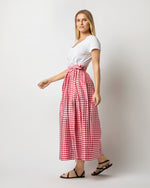 Load image into Gallery viewer, Pleated Wrap Midi Skirt in Red Gingham Silk Shantung
