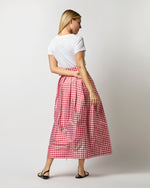 Load image into Gallery viewer, Pleated Wrap Midi Skirt in Red Gingham Silk Shantung
