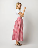 Load image into Gallery viewer, Pleated Wrap Midi Skirt in Red Gingham Silk Shantung
