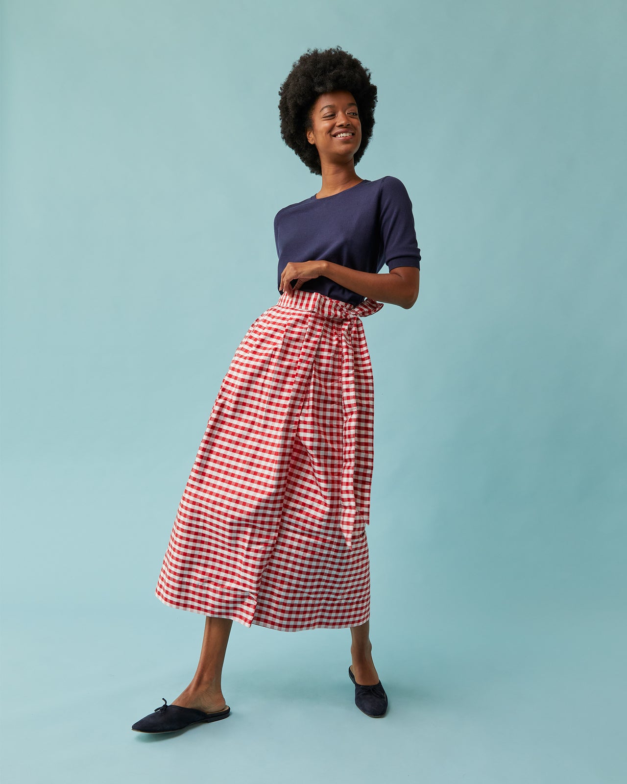 Pleated Wrap Midi Skirt in Red Gingham Silk Shantung