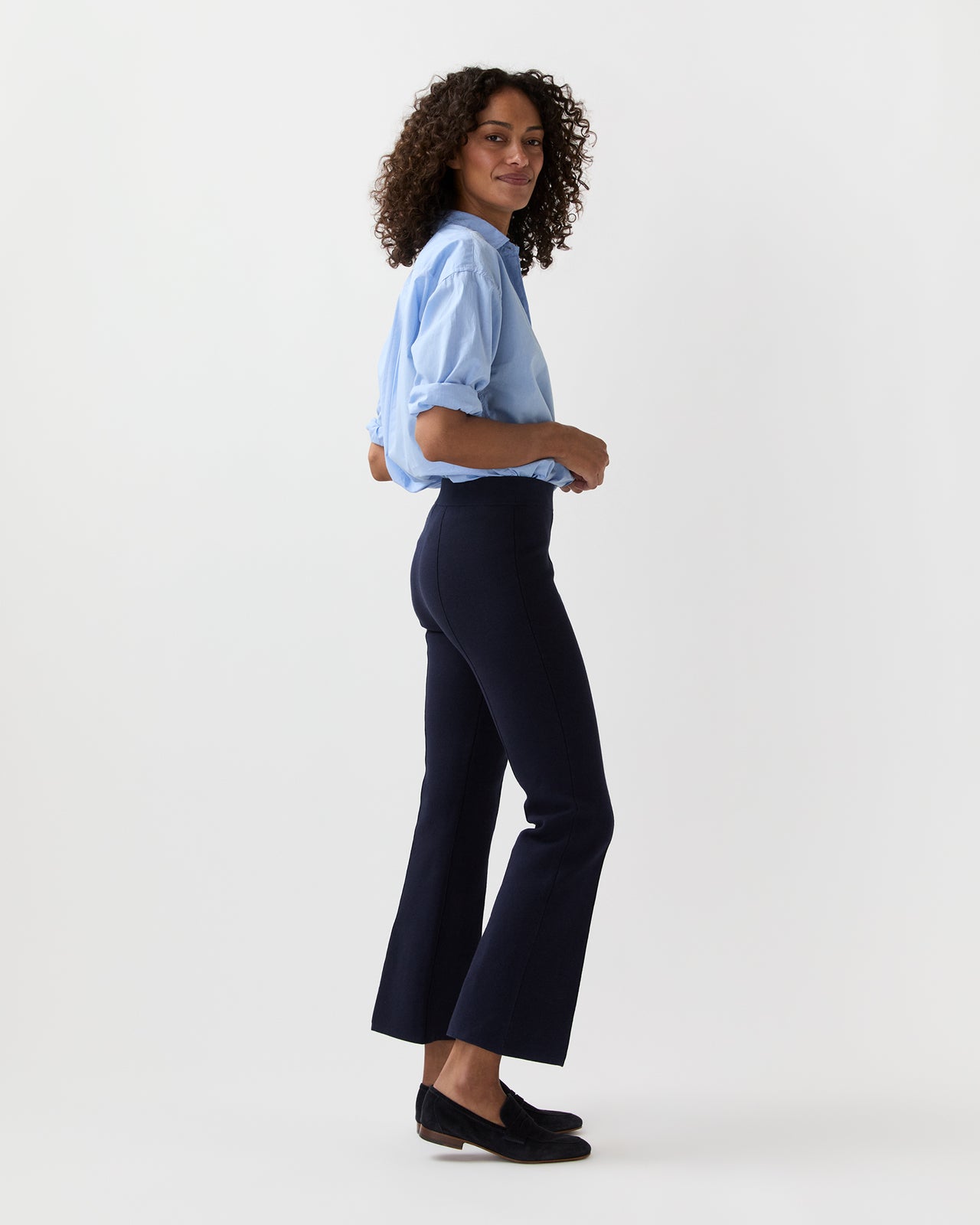 Lara Knit Flare Cropped Pant in Navy Supima Cotton