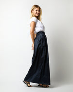 Load image into Gallery viewer, Pleated Wrap Skirt in Navy Silk Shantung
