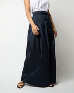 Load image into Gallery viewer, Pleated Wrap Skirt in Navy Silk Shantung
