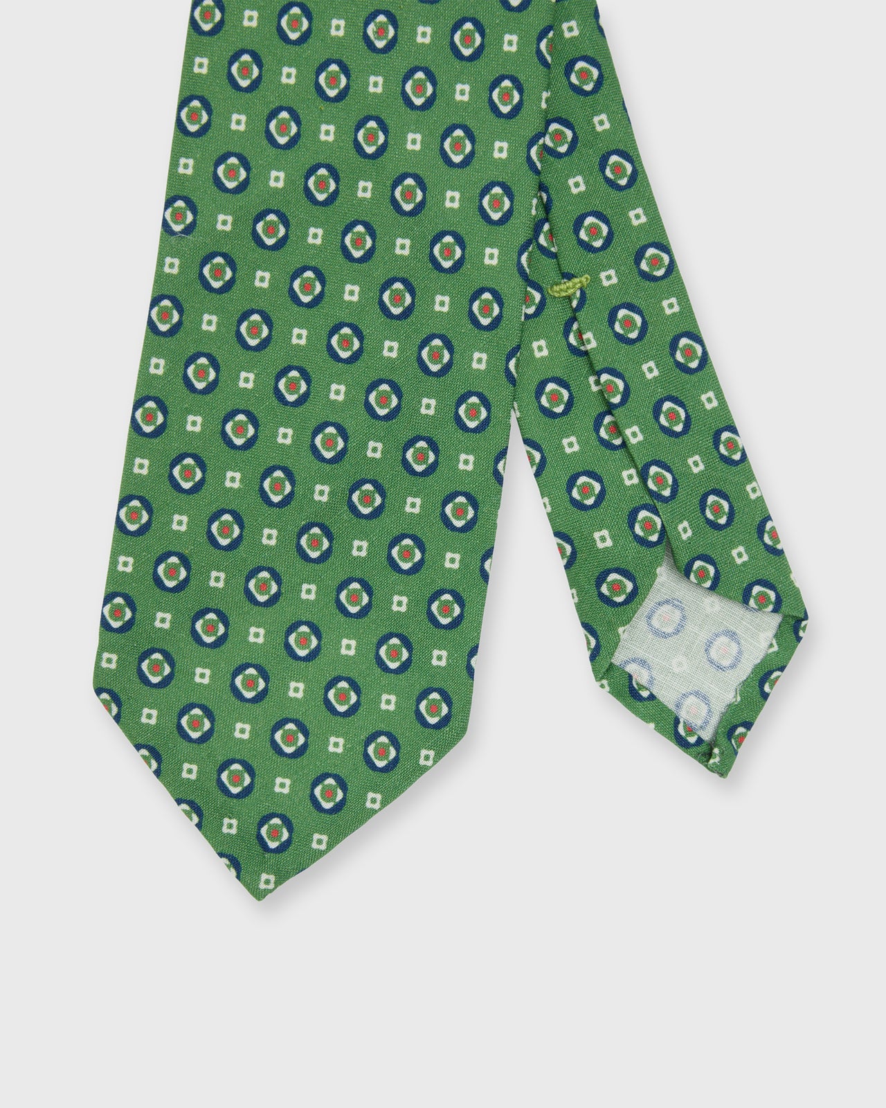 Linen/Silk Print Tie in Avocado/Navy Medallion