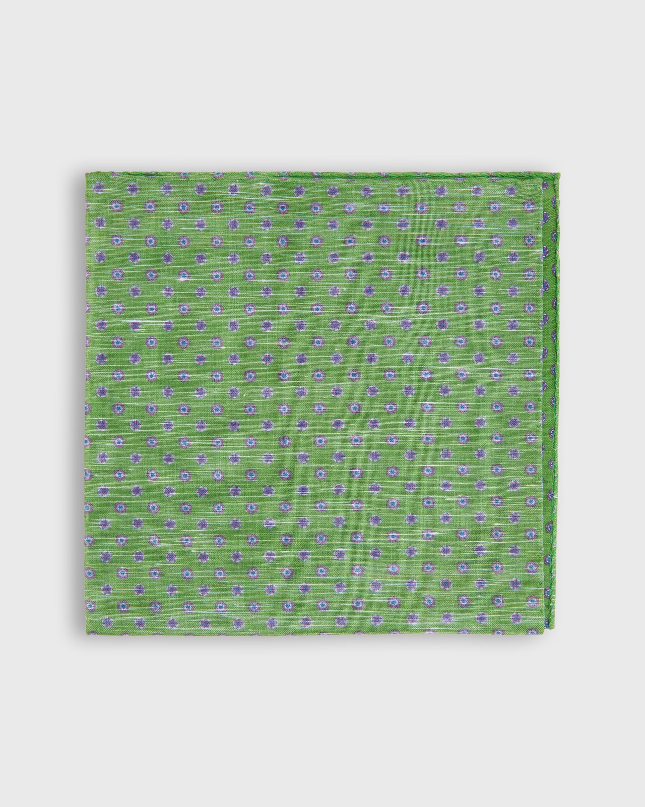 Hand-Rolled Linen/Cotton Pocket Square in Clover/Pale Pink Flower