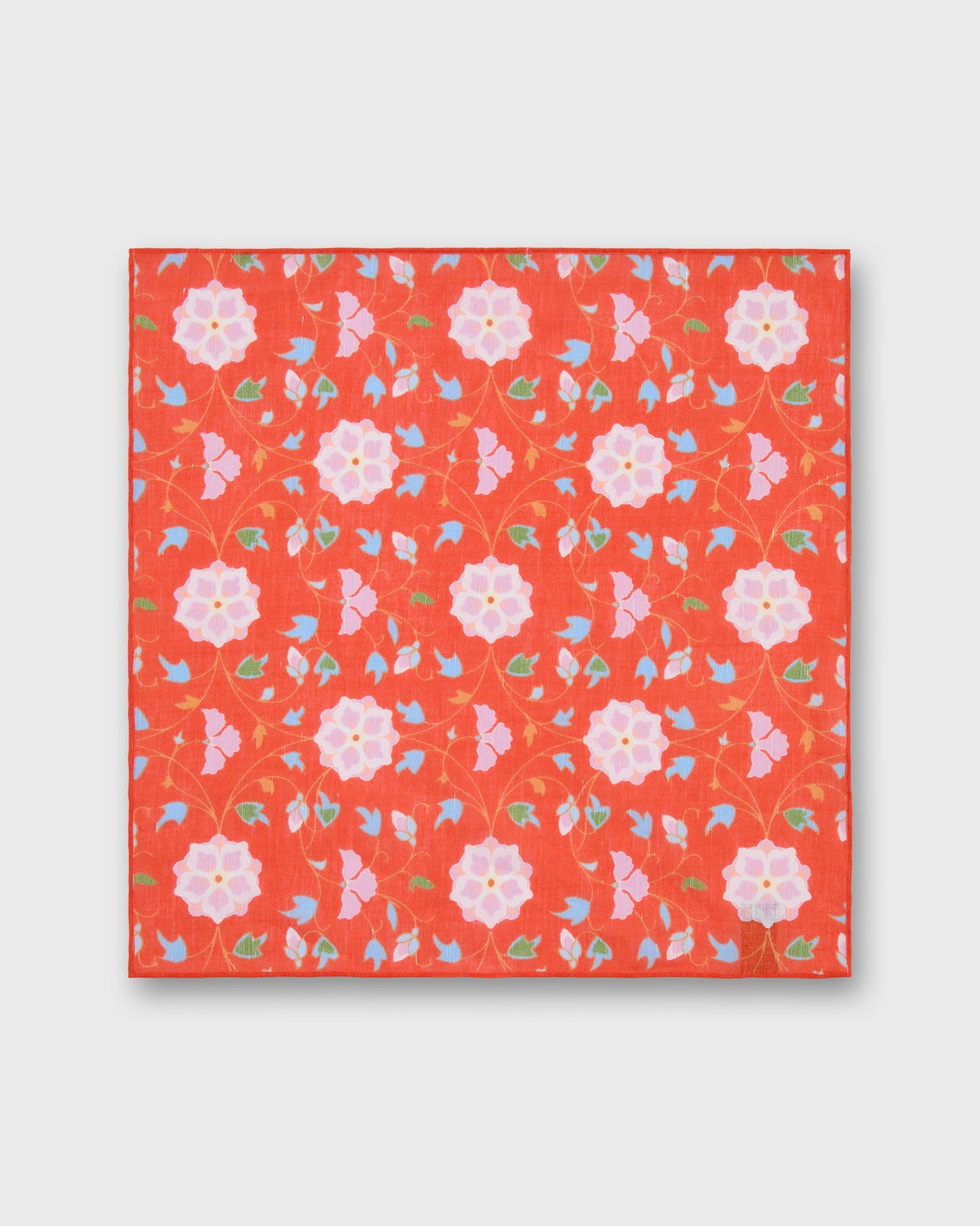Hand-Rolled Linen/Cotton Pocket Square in Tomato/Pale Pink/Navy Floral