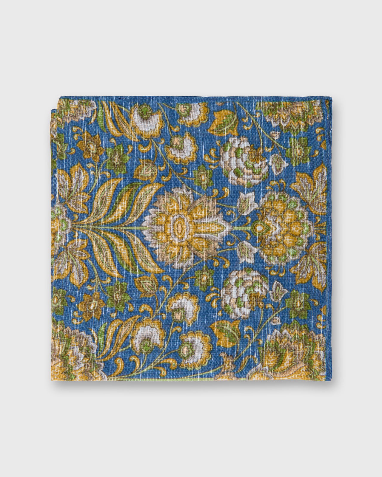 Hand-Rolled Linen/Cotton Pocket Square in Blue/Green/Yellow Floral