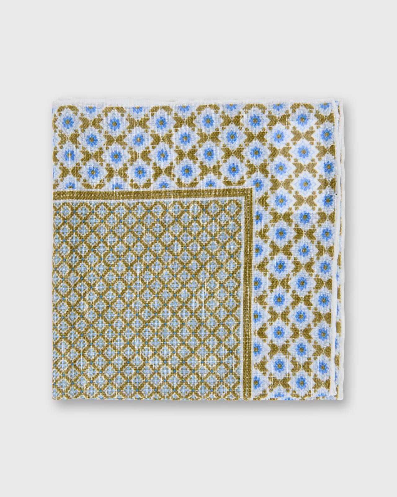 Hand-Rolled Linen/Cotton Pocket Square in Clover/Bone/Blue Mosaic
