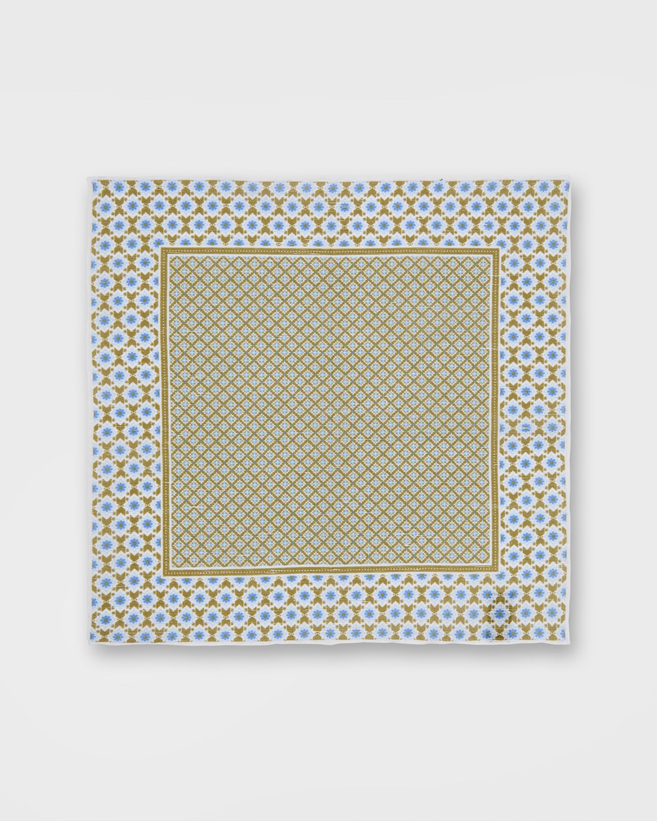 Hand-Rolled Linen/Cotton Pocket Square in Clover/Bone/Blue Mosaic