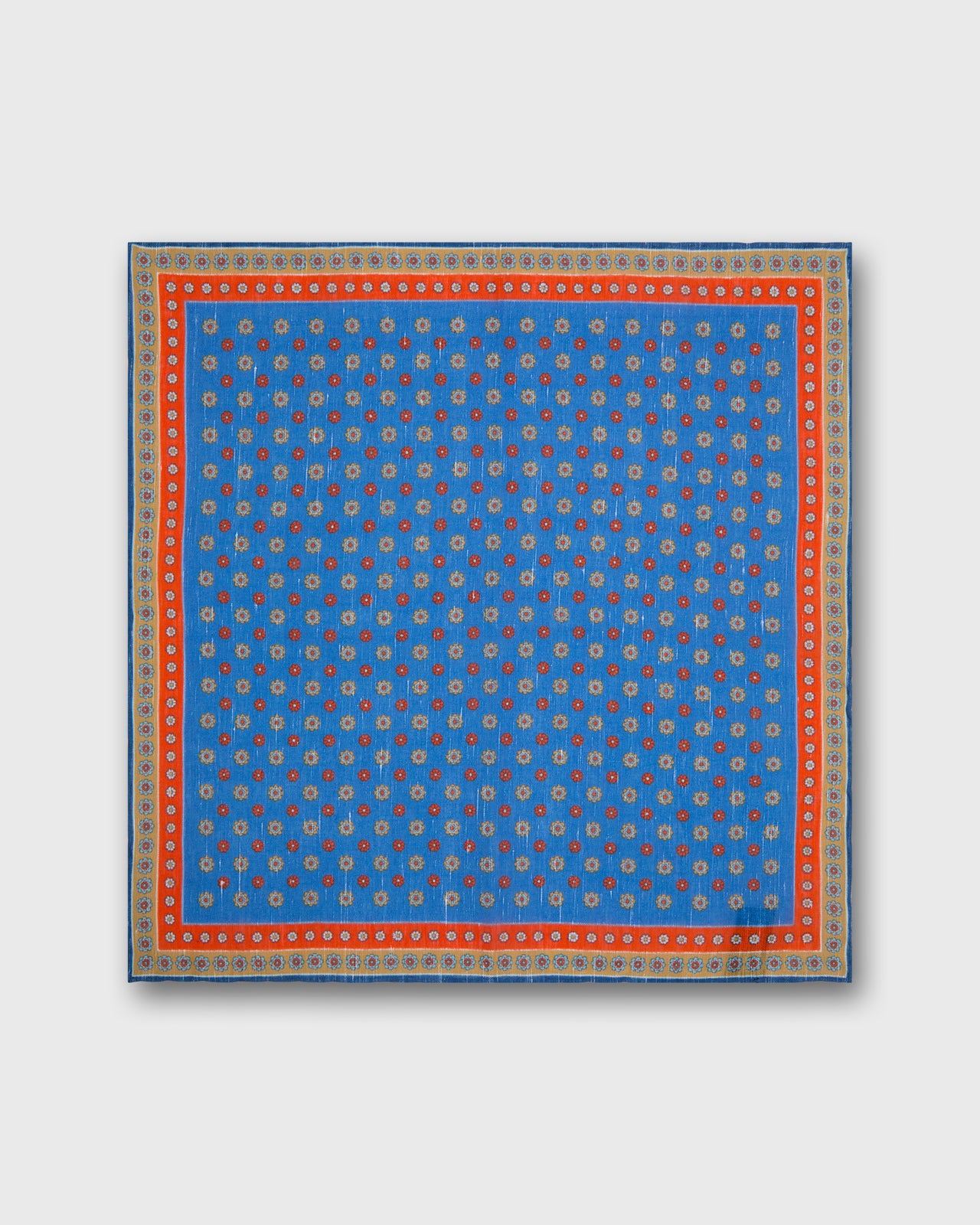 Hand-Rolled Linen/Cotton Pocket Square in Blue/Tomato/Taupe Flower