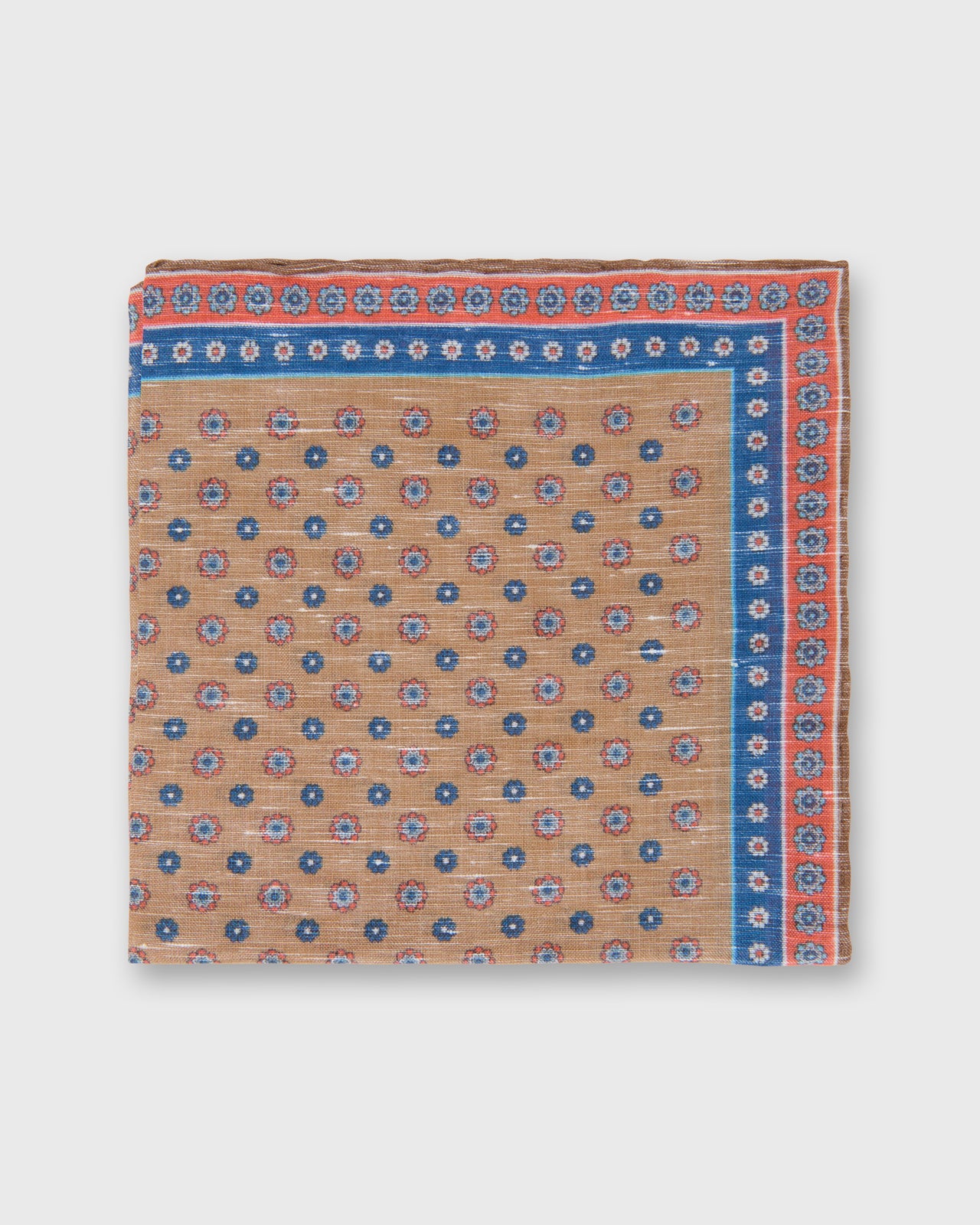 Hand-Rolled Linen/Cotton Pocket Square in Taupe/Blue/Apricot Flower