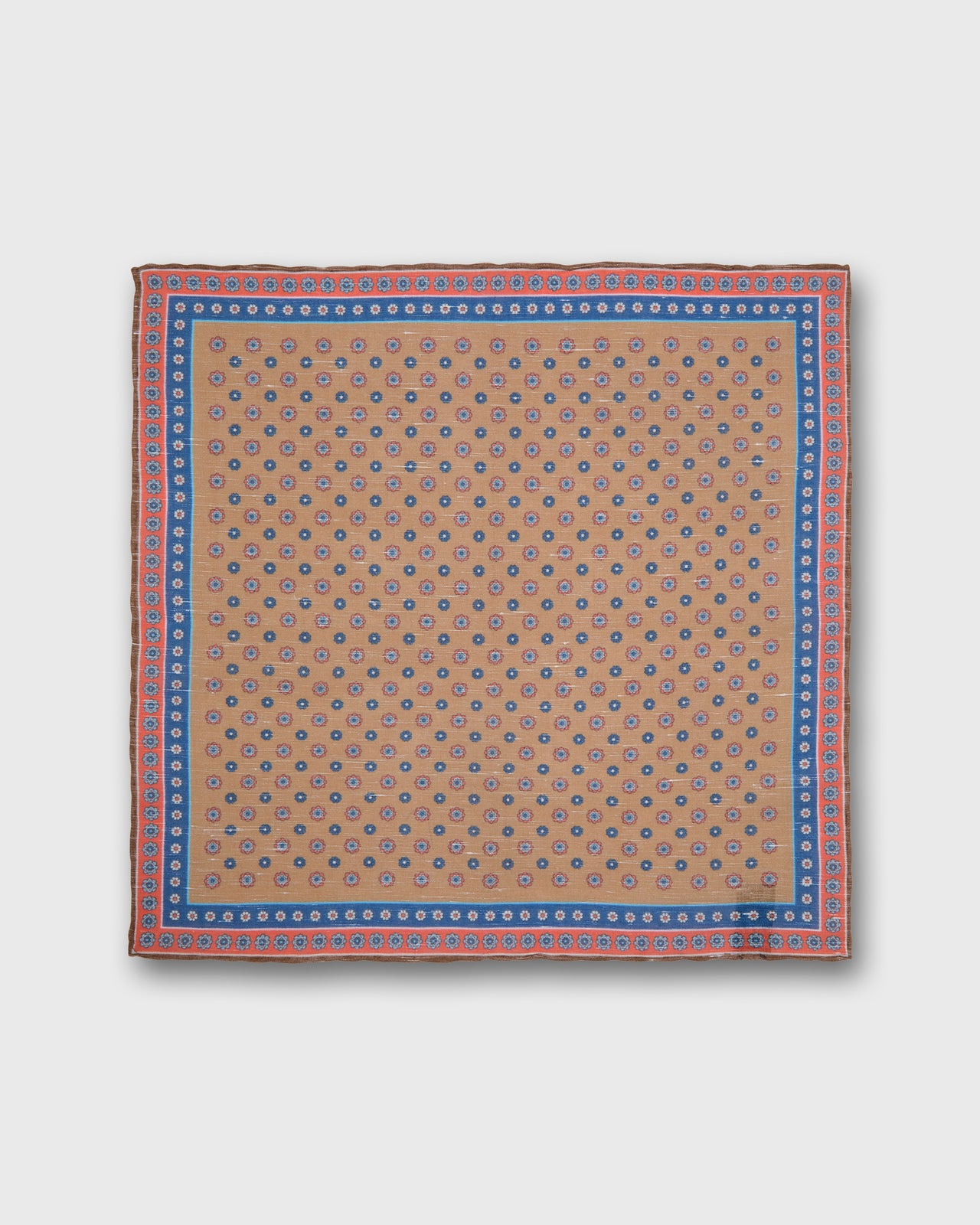 Hand-Rolled Linen/Cotton Pocket Square in Taupe/Blue/Apricot Flower