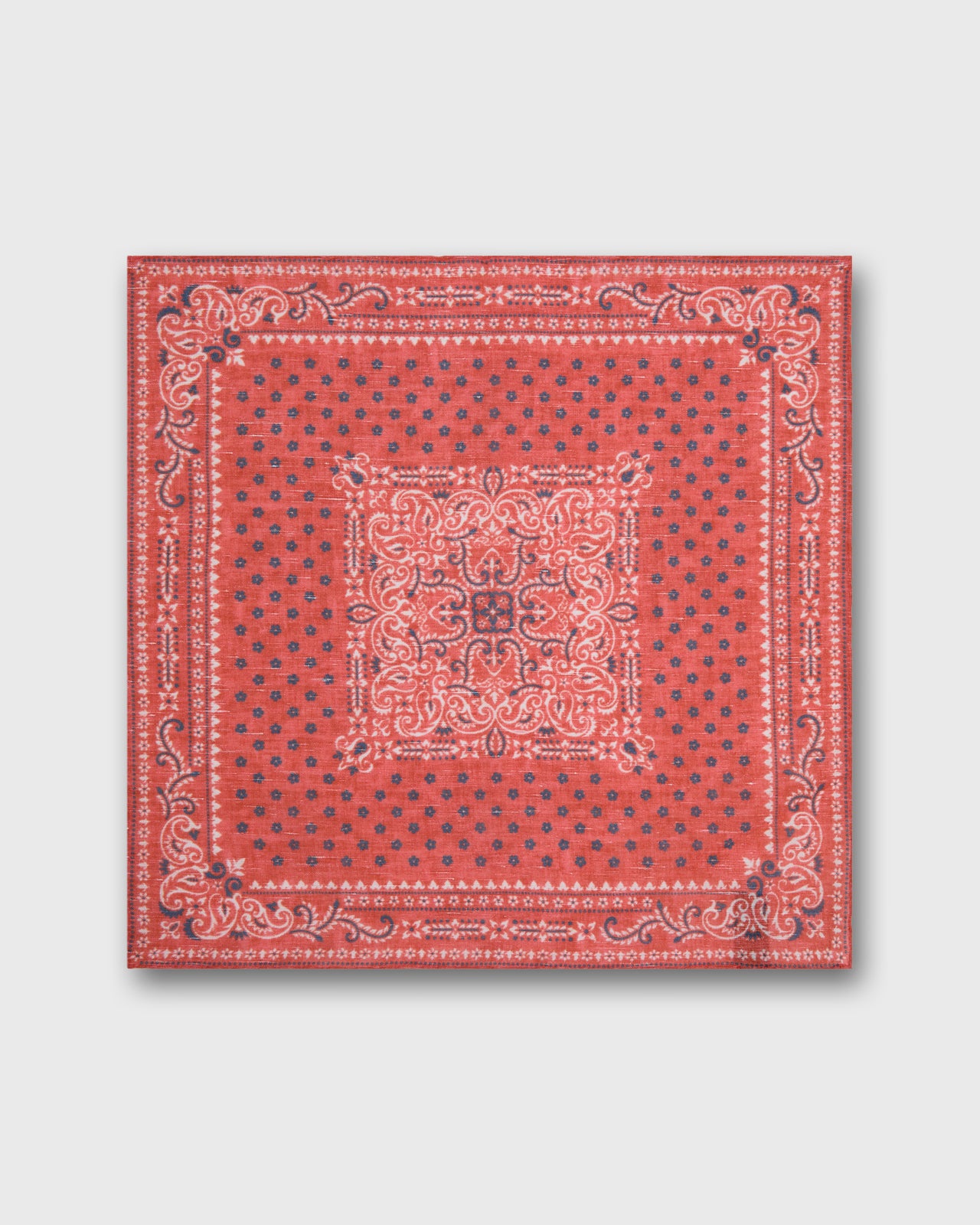 Hand-Rolled Linen/Cotton Pocket Square in Salmon/Navy Flower Paisley