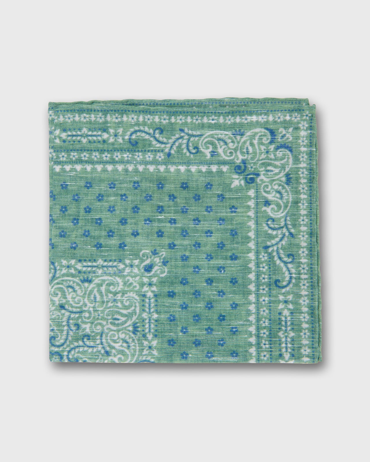 Hand-Rolled Linen/Cotton Pocket Square in Mint/Navy Flower Paisley
