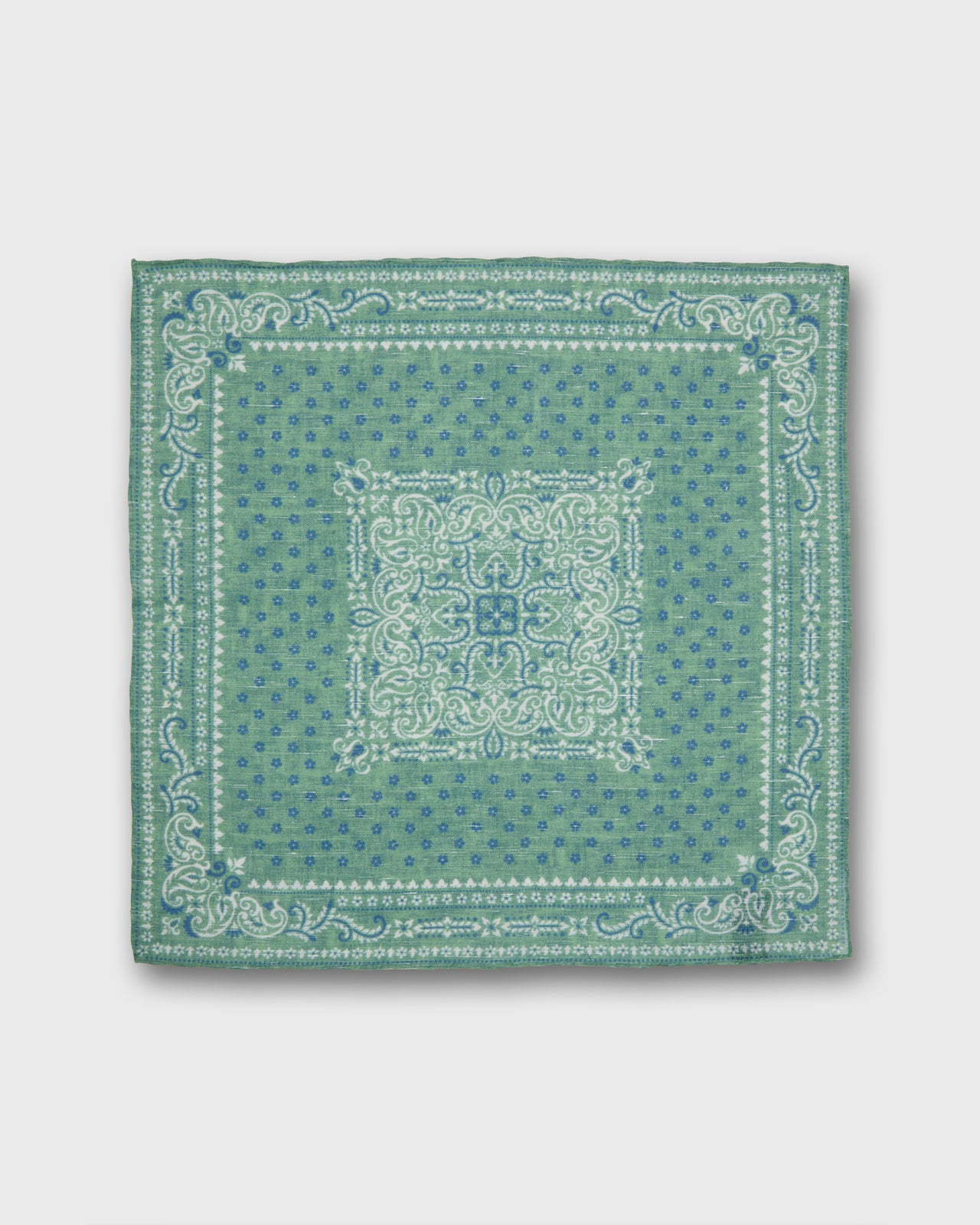 Hand-Rolled Linen/Cotton Pocket Square in Mint/Navy Flower Paisley