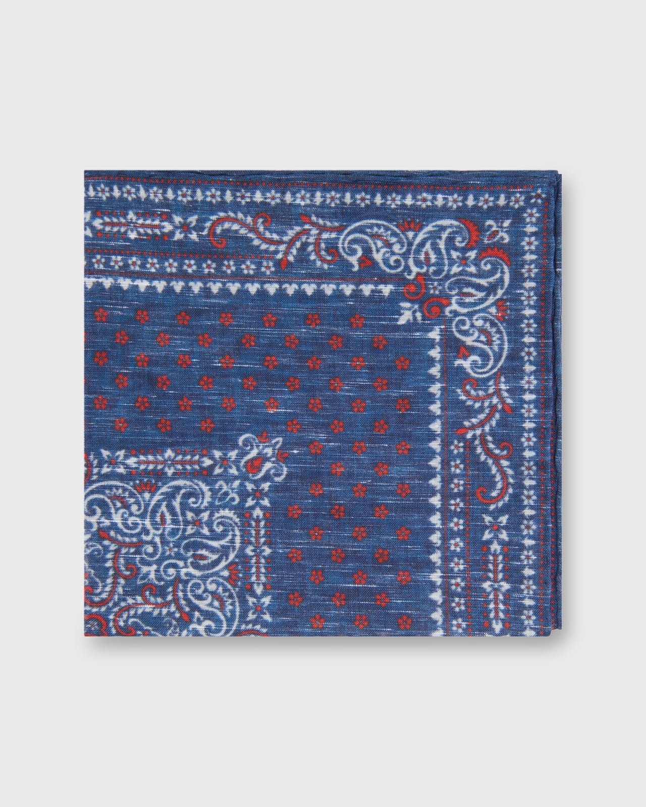 Hand-Rolled Linen/Cotton Pocket Square in Navy/Red Paisley
