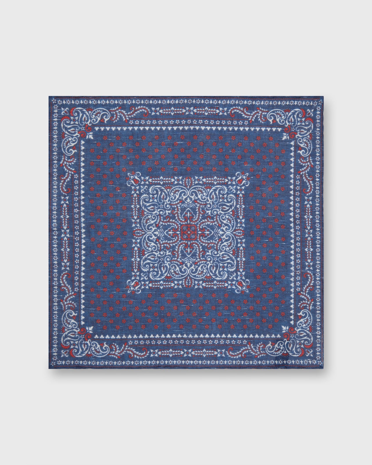 Hand-Rolled Linen/Cotton Pocket Square in Navy/Red Paisley