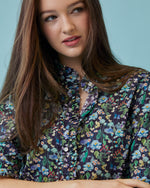 Load image into Gallery viewer, Elbow-Sleeved Frill Dress in Navy/Multi Fairytale Forest Liberty Fabric
