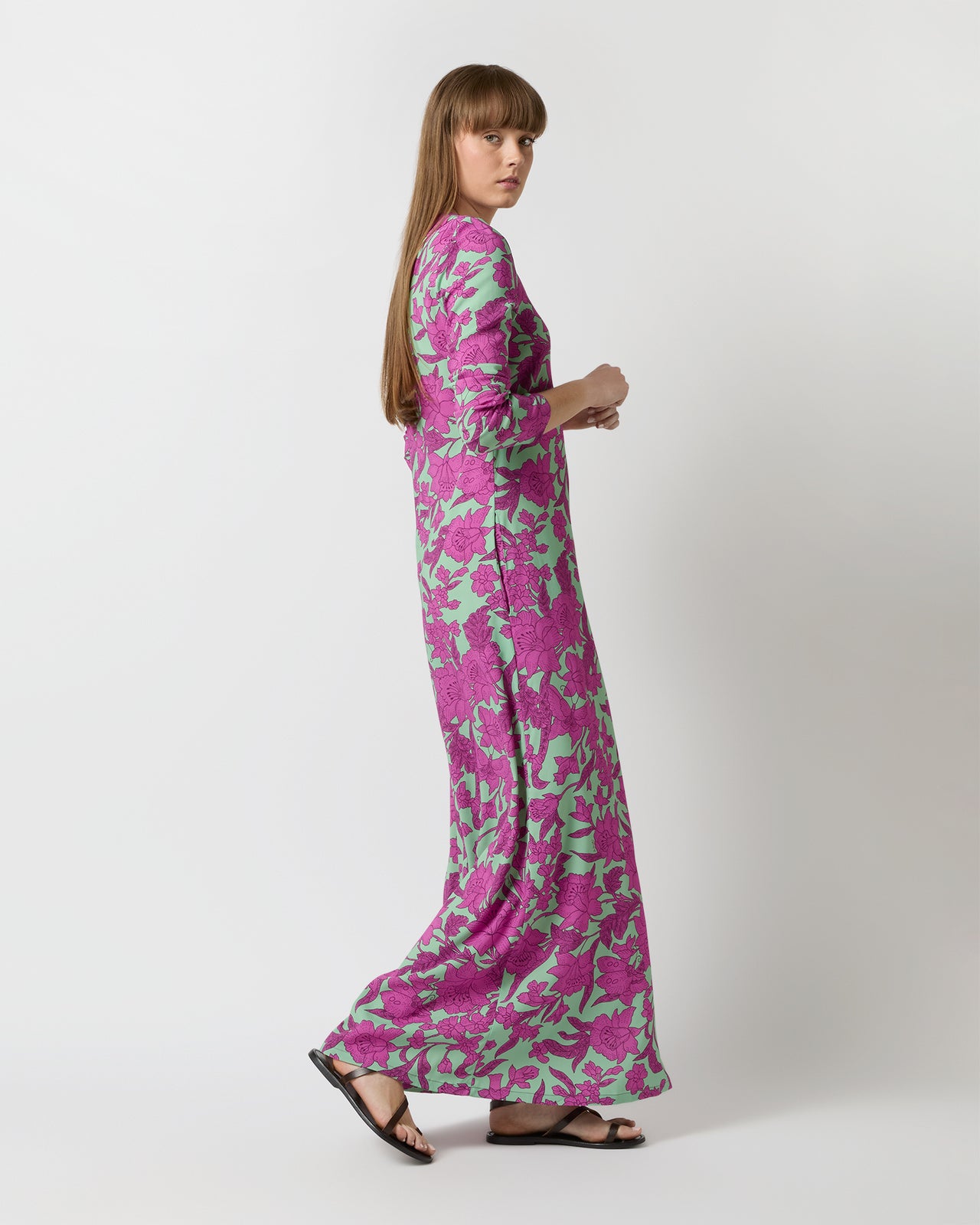 Long Sleeve Swing Dress in Aquamarine Zodiac Placée Viscose Sablé