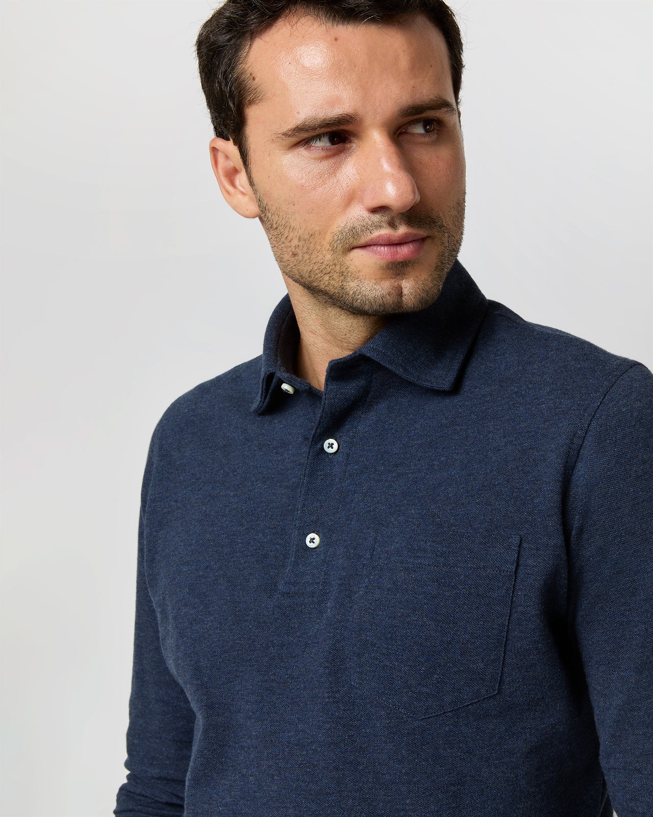 Long-Sleeved Polo in Heather Denim Pima Pique