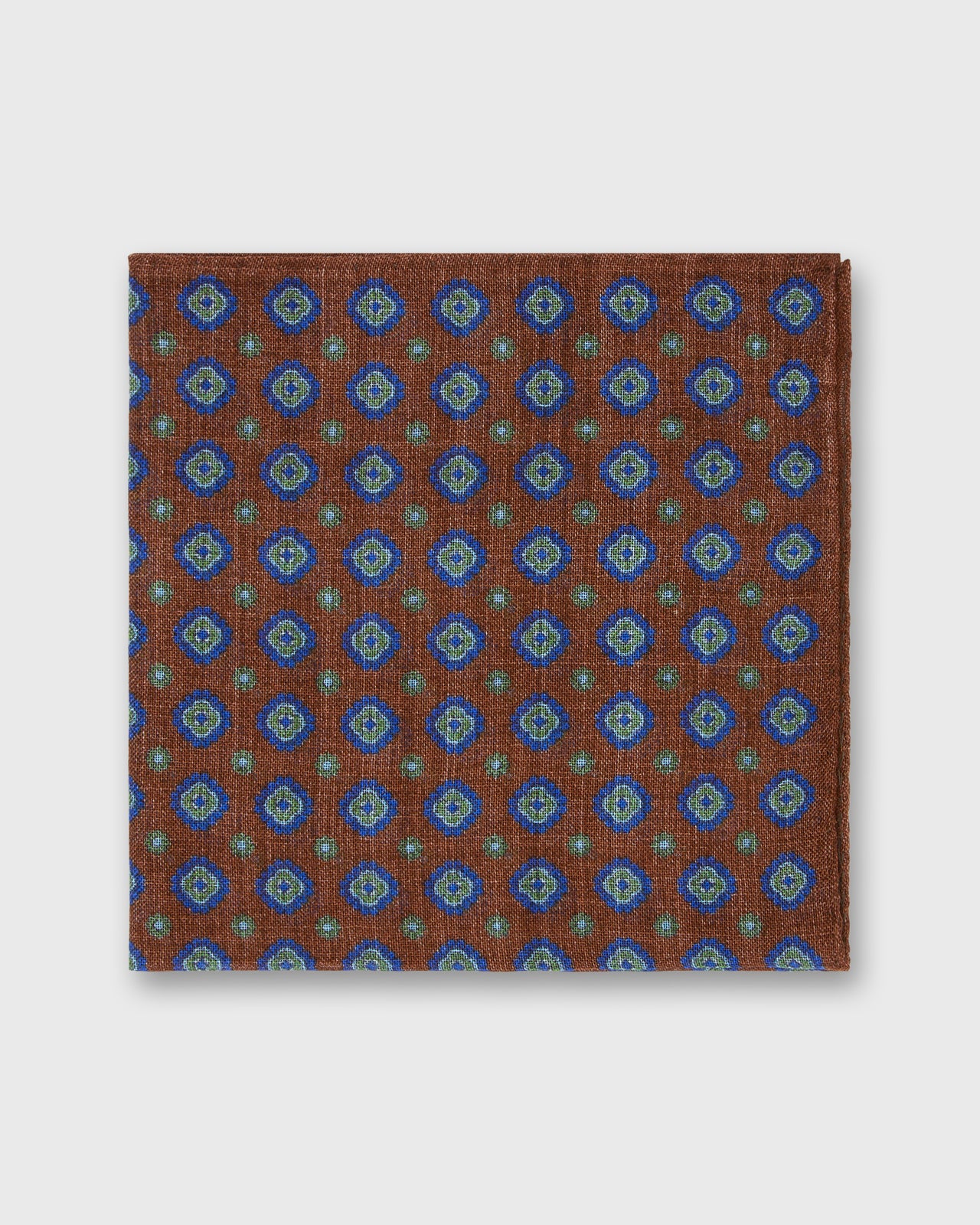 Hand-Rolled Wool/Silk Pocket Square in Brown/Blue/Green Medallion