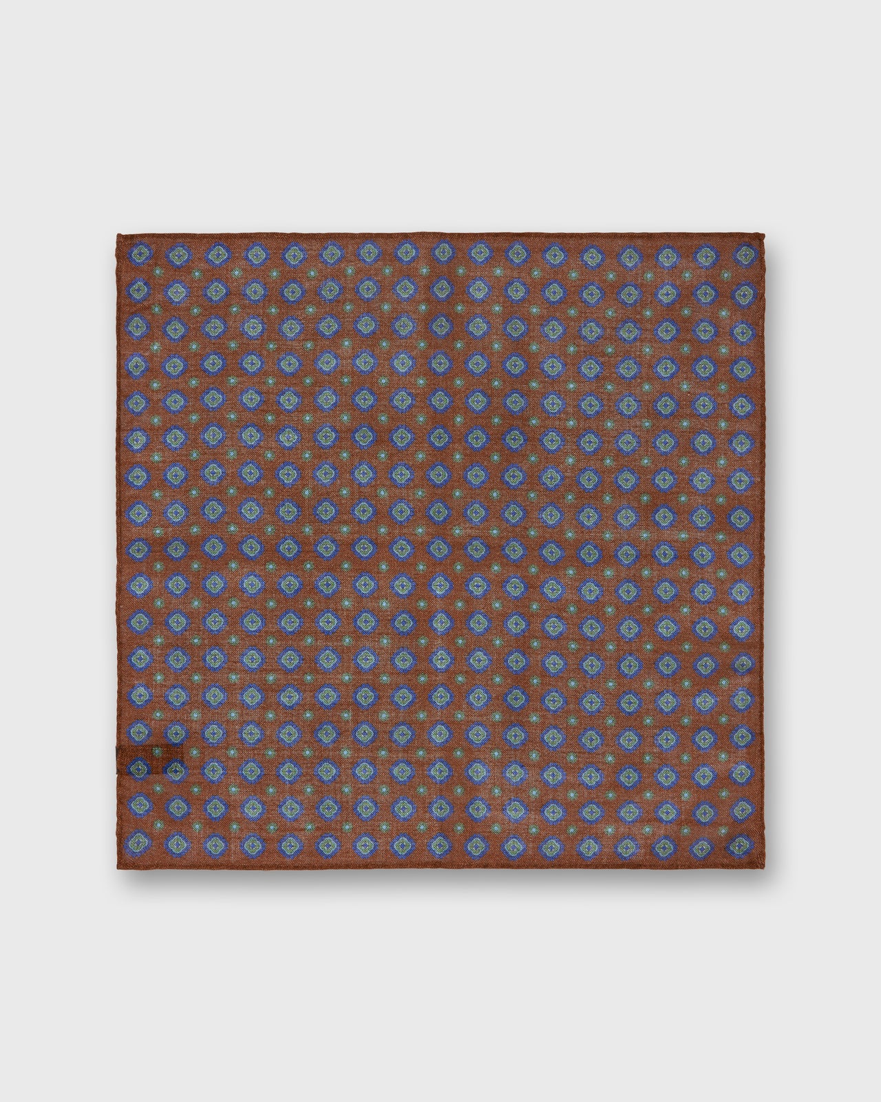 Hand-Rolled Wool/Silk Pocket Square in Brown/Blue/Green Medallion