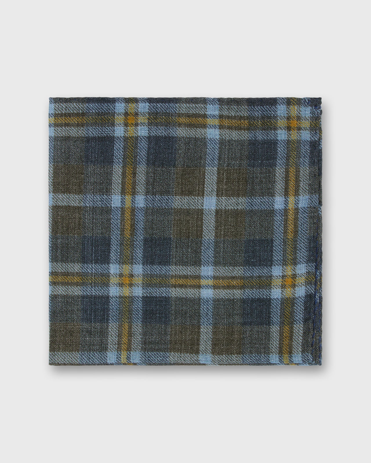 Hand-Rolled Wool/Silk Pocket Square in Smoke/Sky/Yellow Plaid