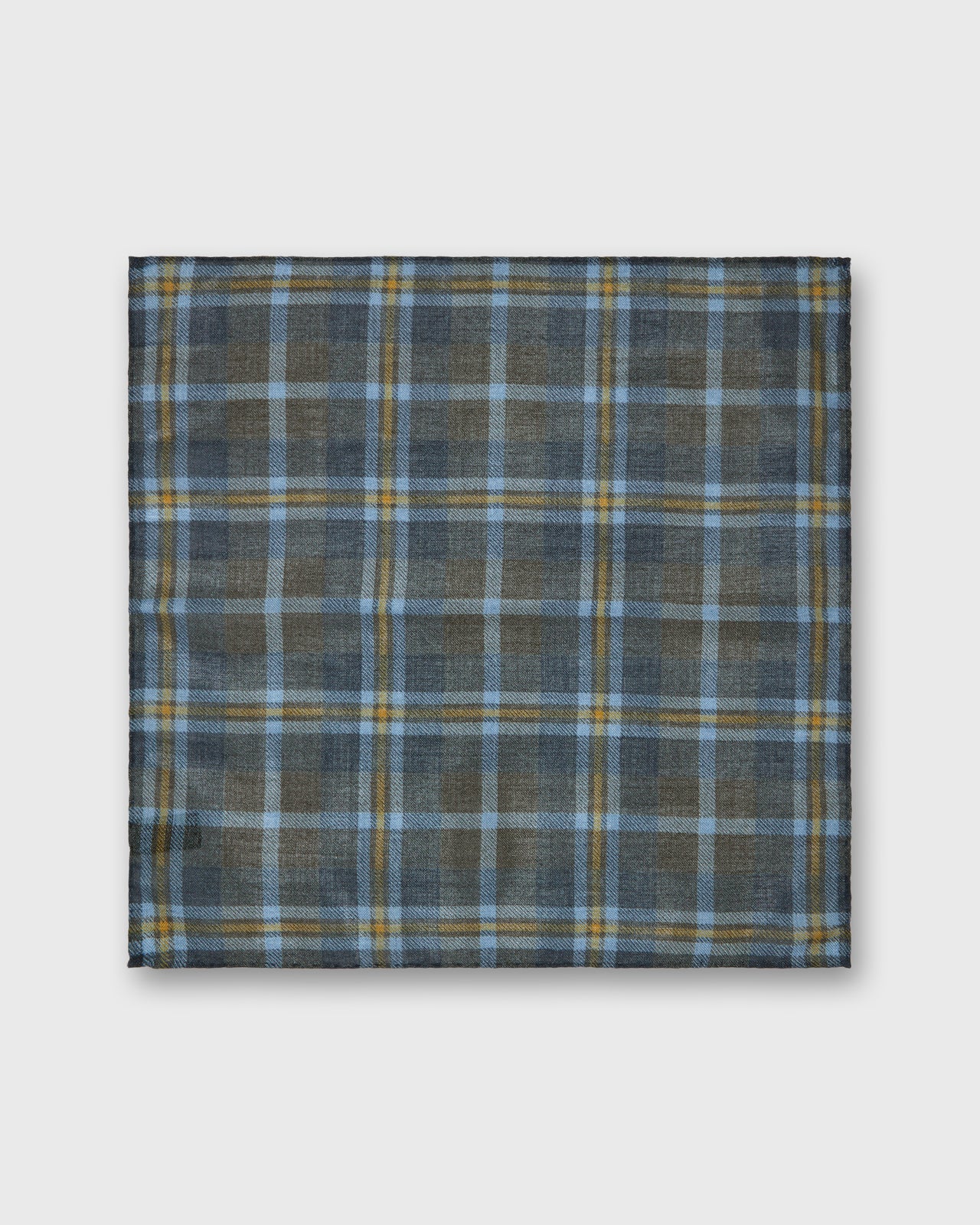 Hand-Rolled Wool/Silk Pocket Square in Smoke/Sky/Yellow Plaid