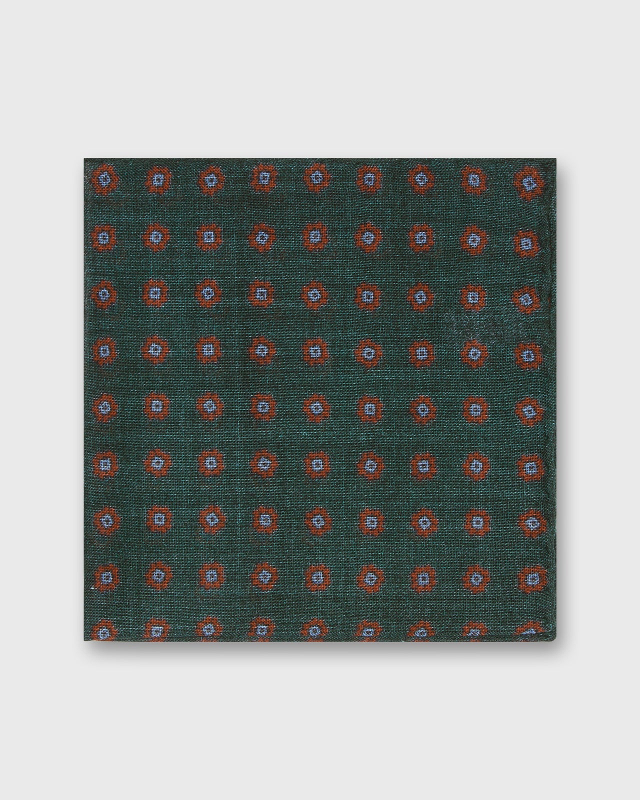 Hand-Rolled Wool/Silk Pocket Square in Green/Orange/Sky Foulard