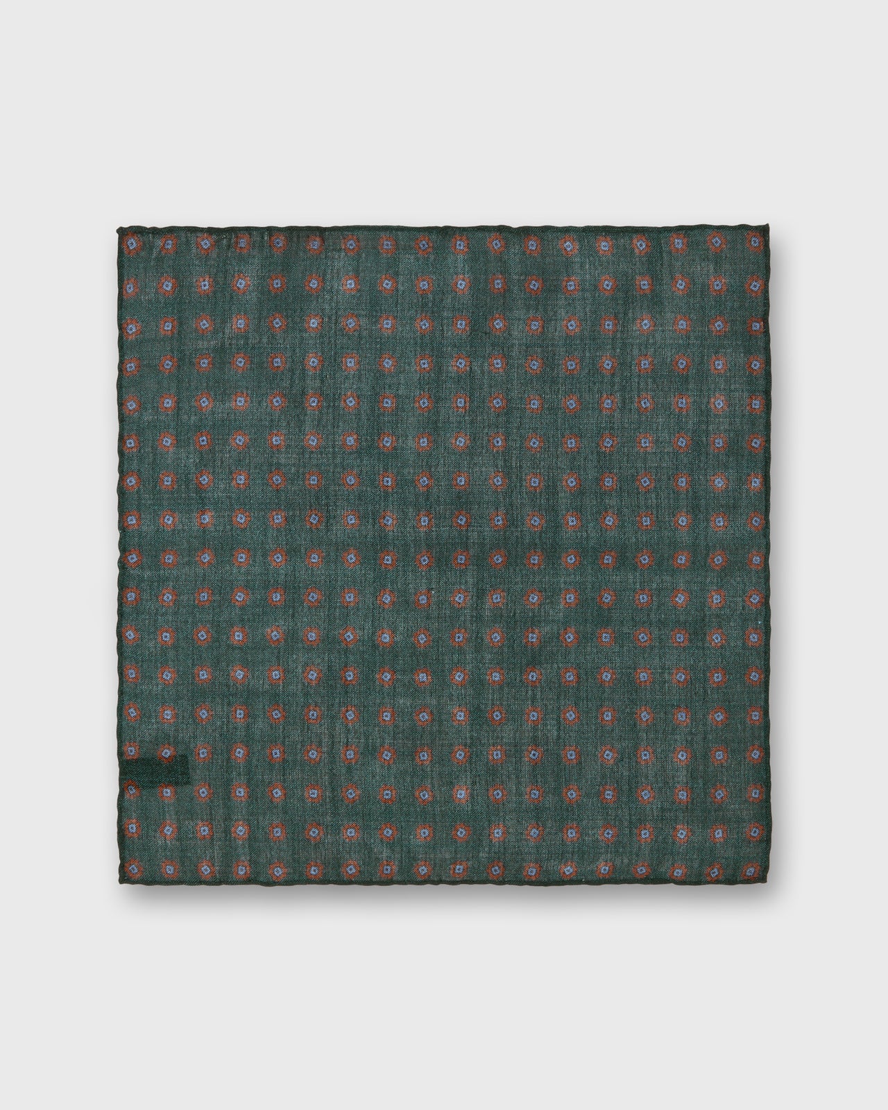 Hand-Rolled Wool/Silk Pocket Square in Green/Orange/Sky Foulard