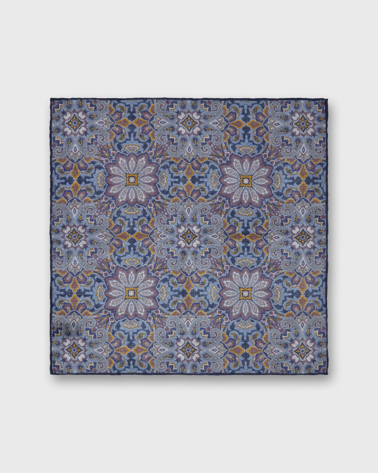 Hand-Rolled Wool/Silk Pocket Square in Navy/Dusty Rose/Yellow Mosaic