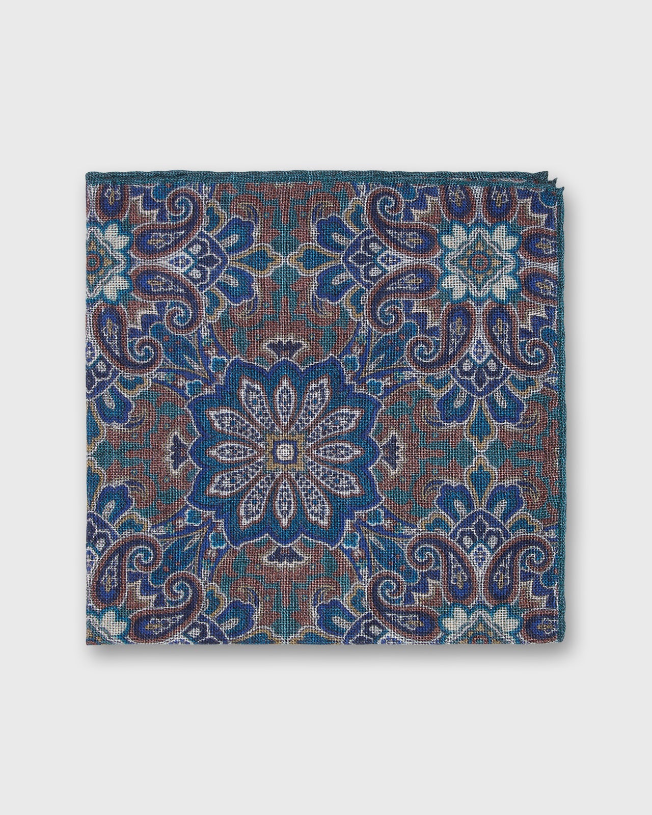 Hand-Rolled Wool/Silk Pocket Square in Lovat/Blue/Dusty Rose Mosaic