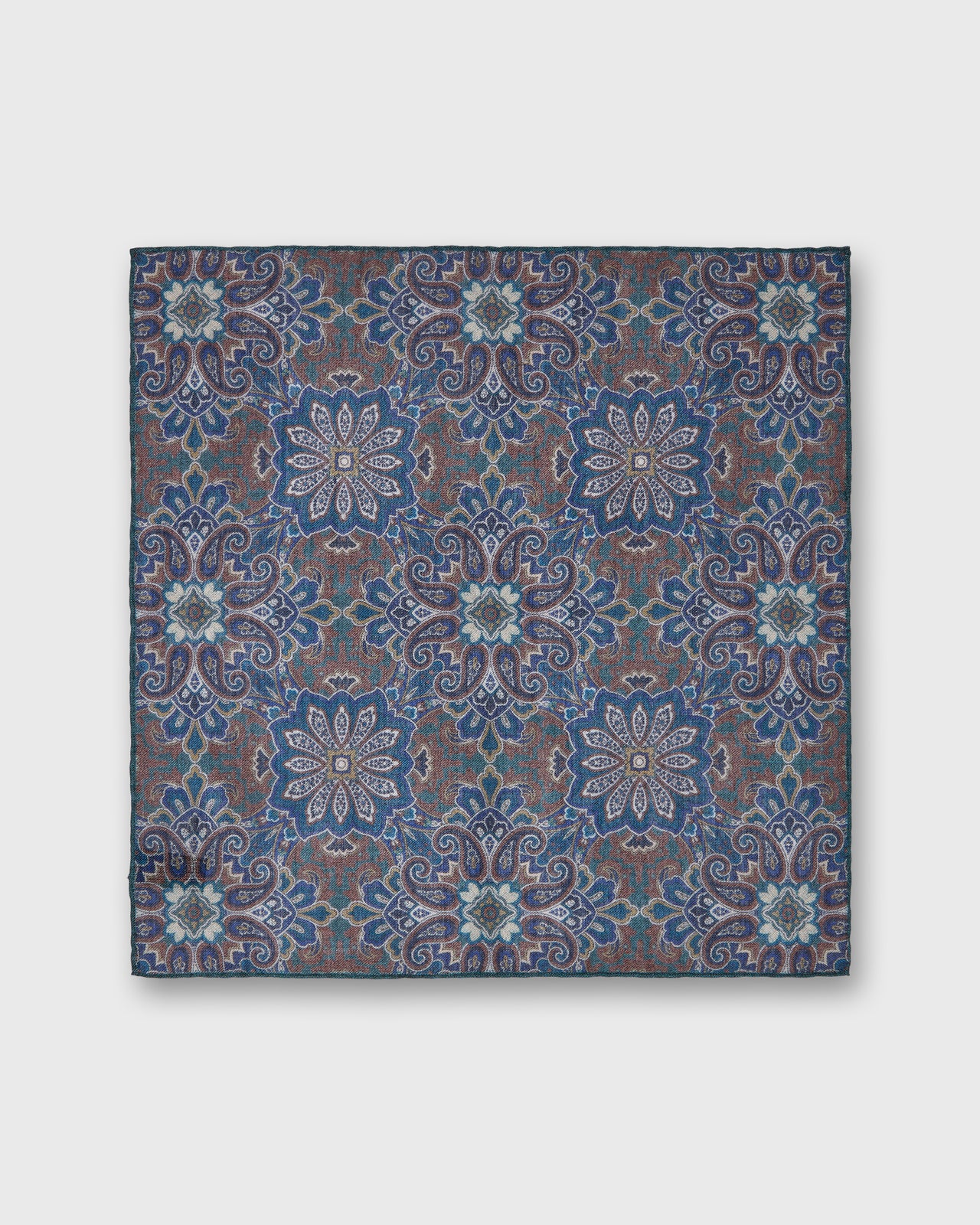Hand-Rolled Wool/Silk Pocket Square in Lovat/Blue/Dusty Rose Mosaic