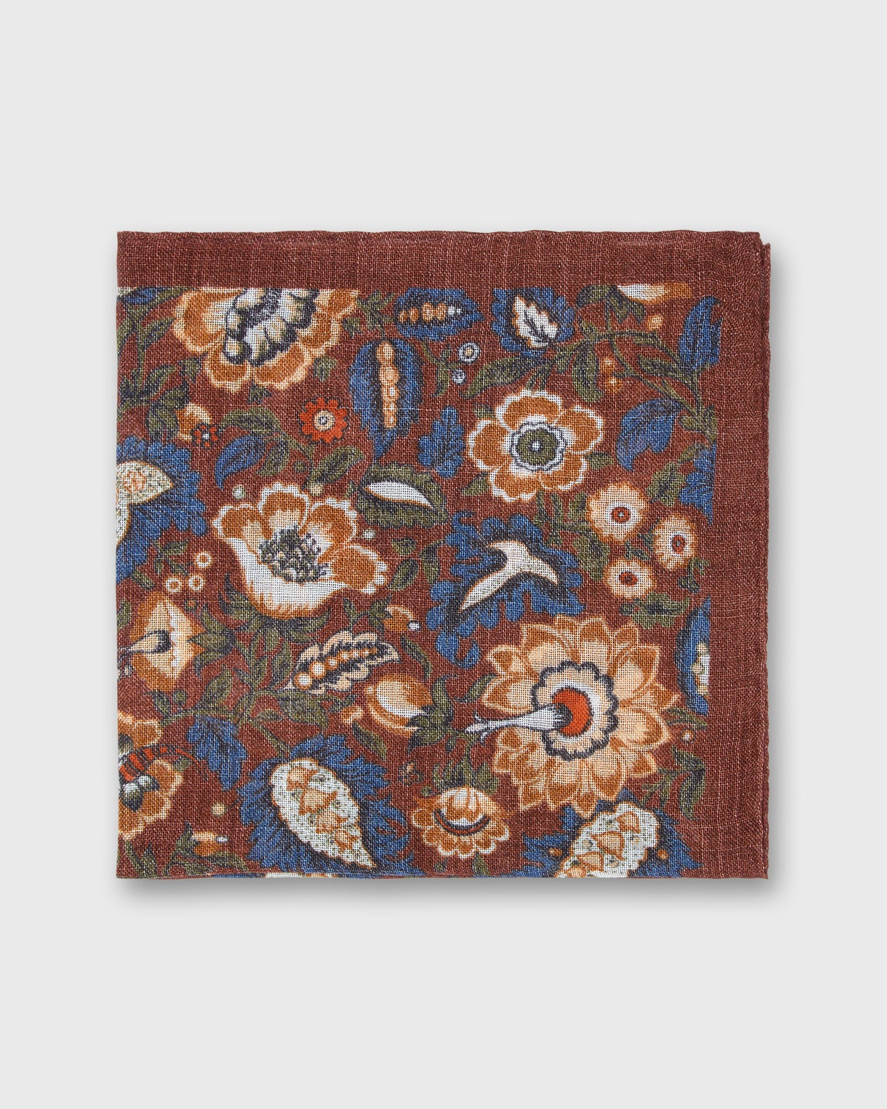 Hand-Rolled Wool/Silk Pocket Square in Rust/Gold/Blue Floral