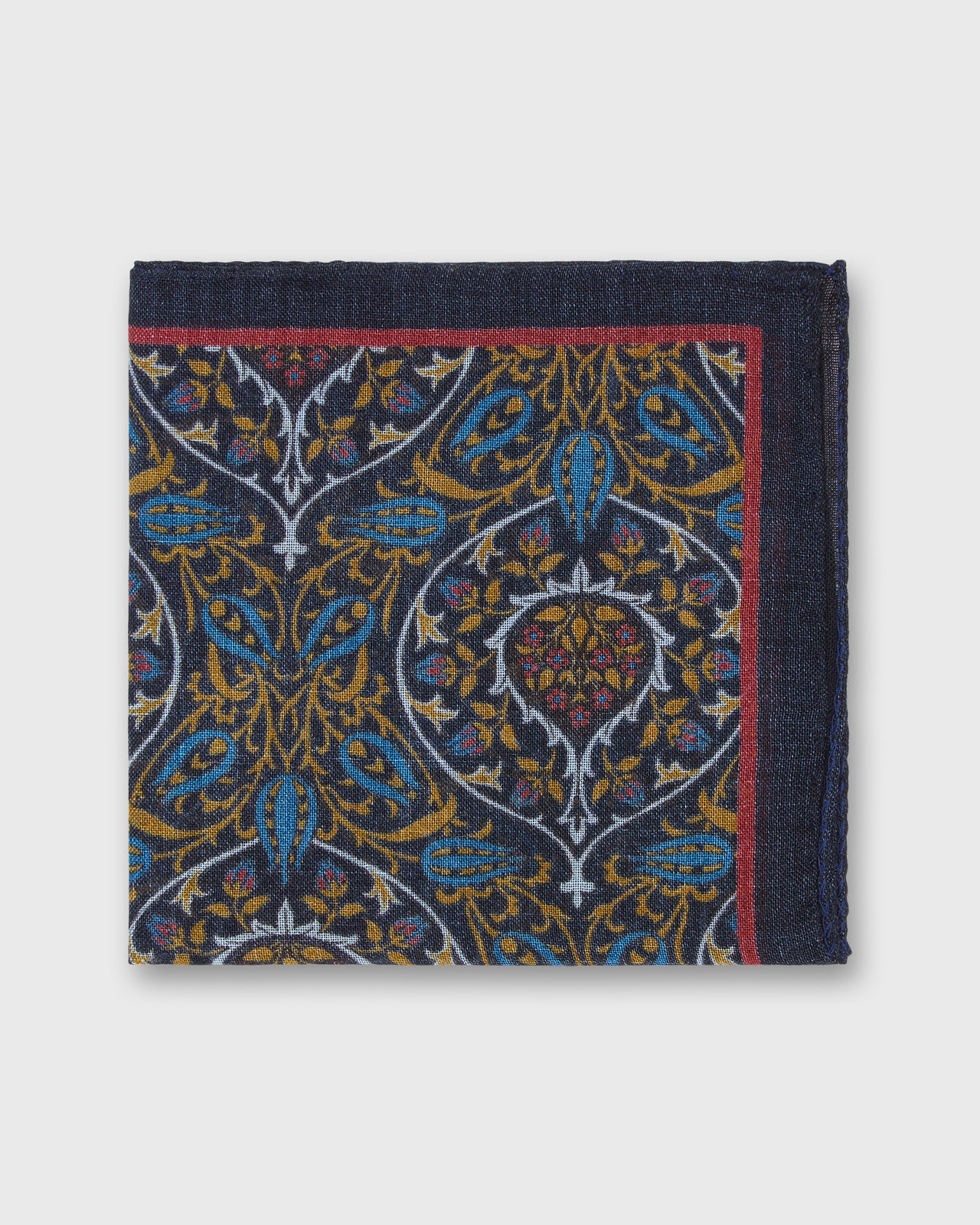 Hand-Rolled Wool/Silk Pocket Square in Midnight/Blue/Red Tapestry