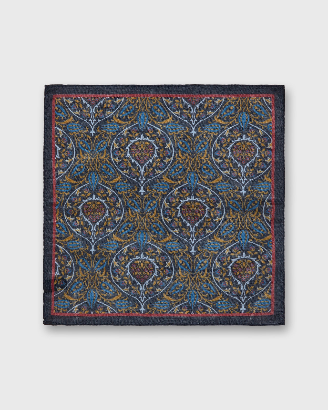 Hand-Rolled Wool/Silk Pocket Square in Midnight/Blue/Red Tapestry