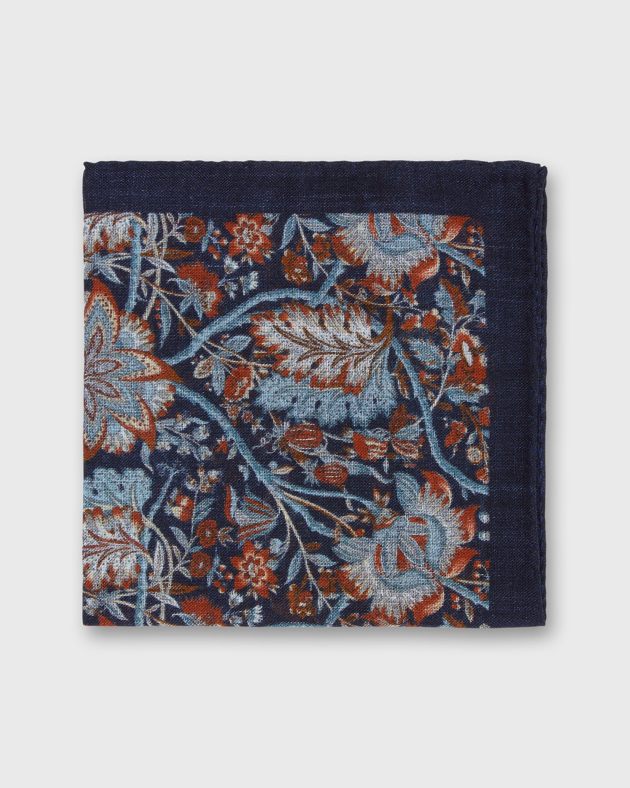 Hand-Rolled Wool/Silk Pocket Square in Navy/Sky/Orange Floral