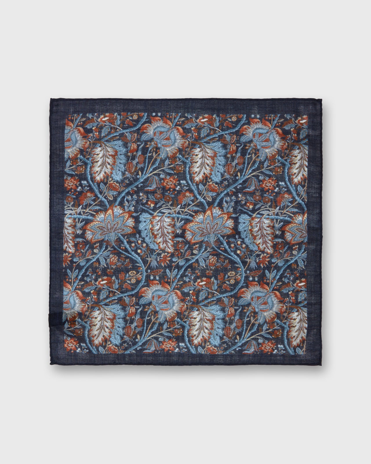 Hand-Rolled Wool/Silk Pocket Square in Navy/Sky/Orange Floral