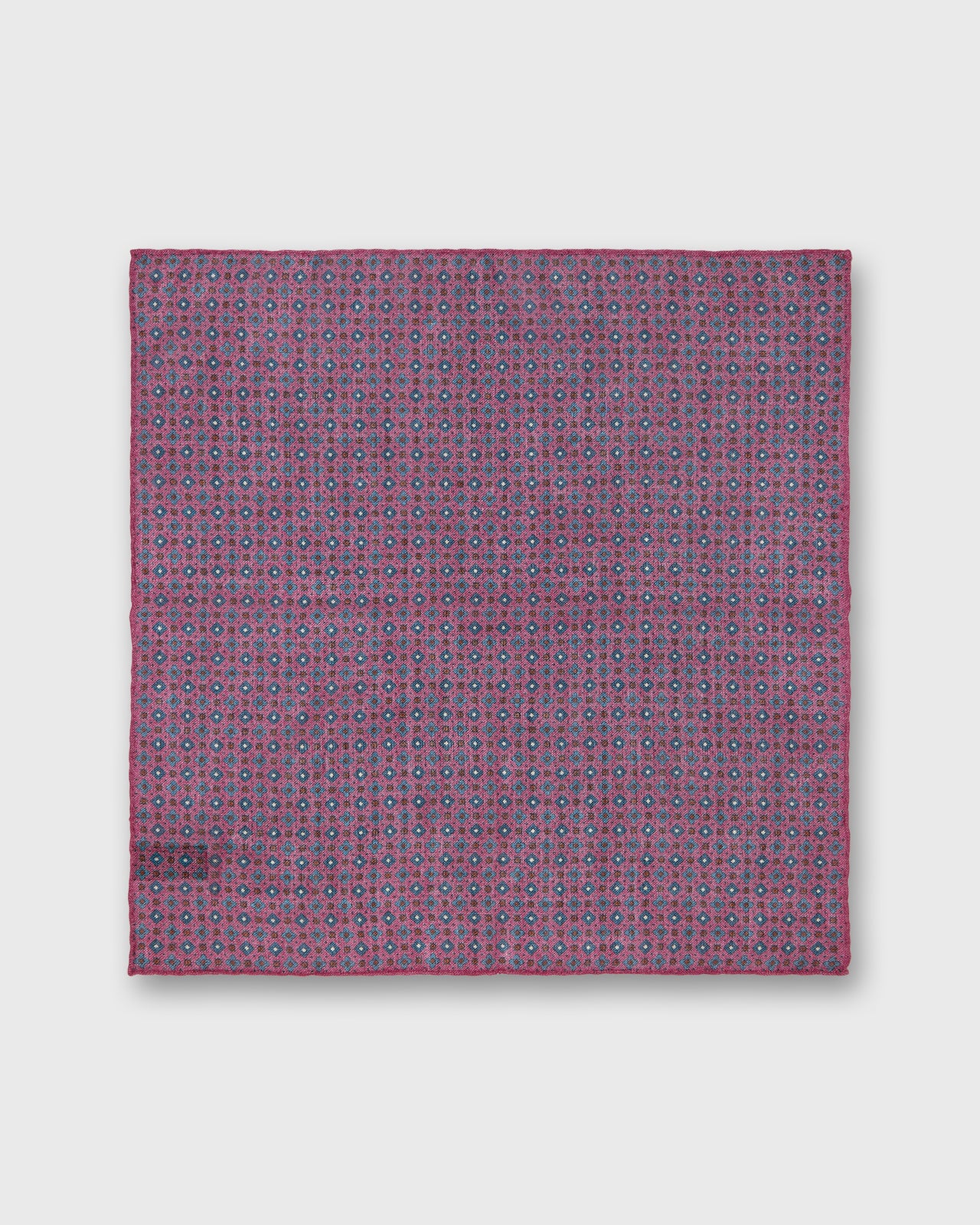 Hand-Rolled Wool/Silk Pocket Square in Raspberry/Blue/Gold Foulard