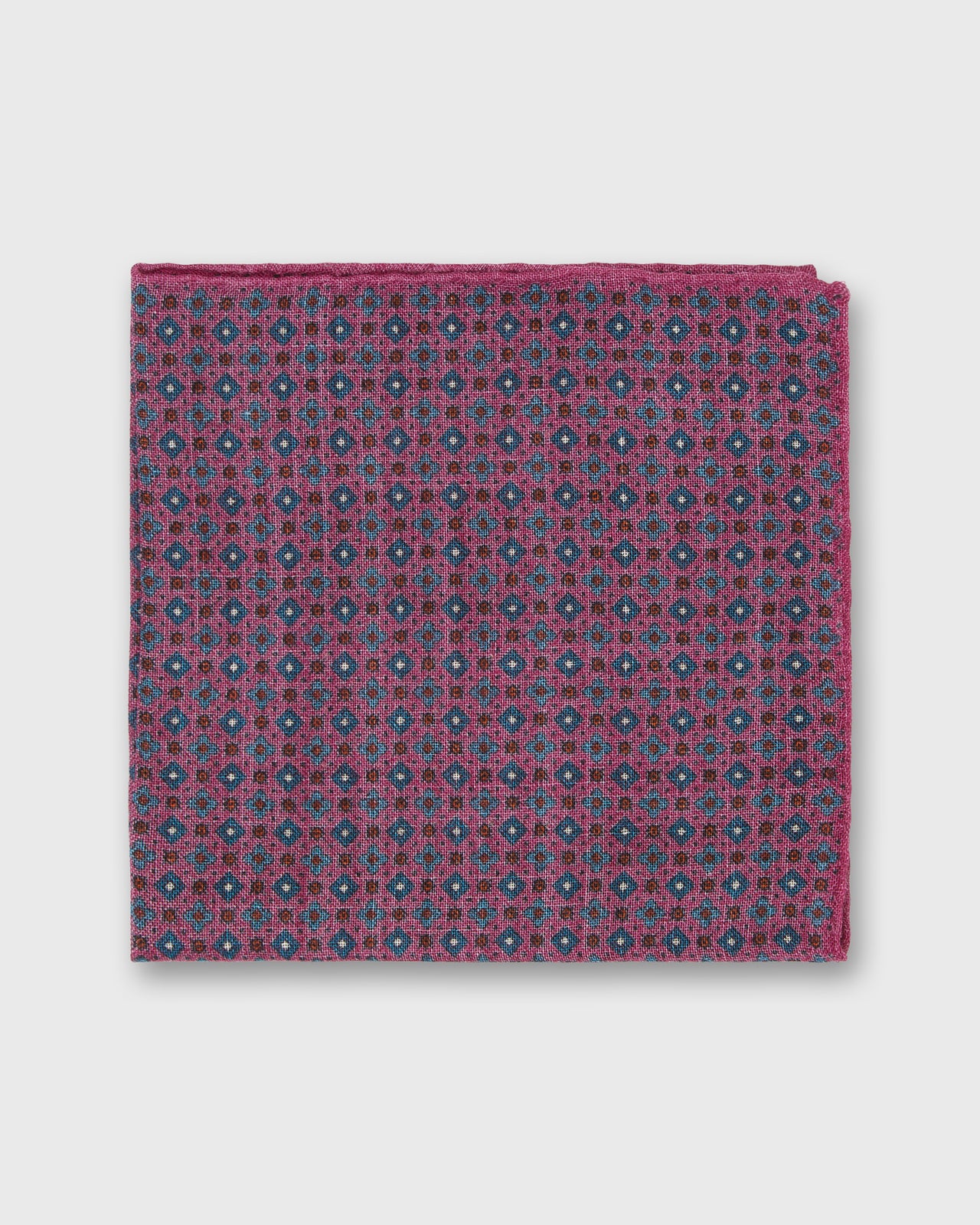 Hand-Rolled Wool/Silk Pocket Square in Raspberry/Blue/Gold Foulard