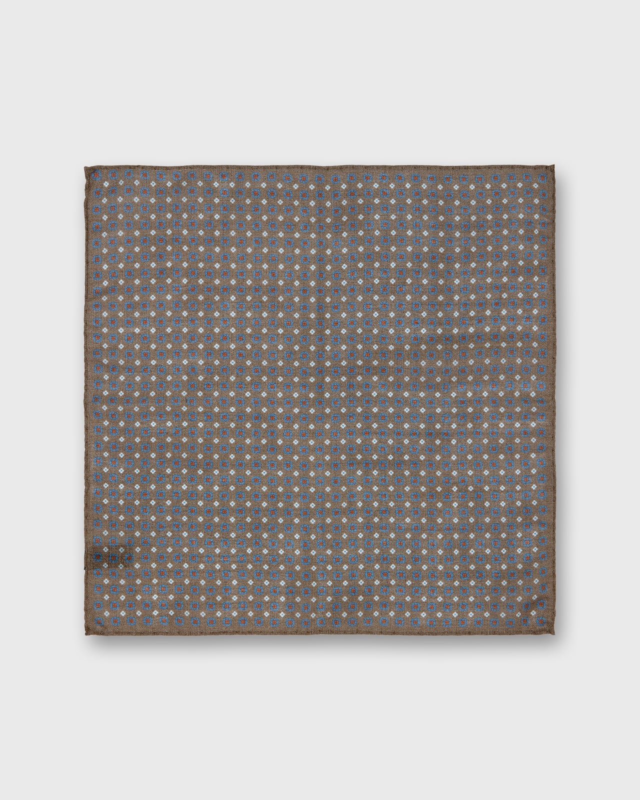 Hand-Rolled Wool/Silk Pocket Square in Brown/Blue/Orange Foulard
