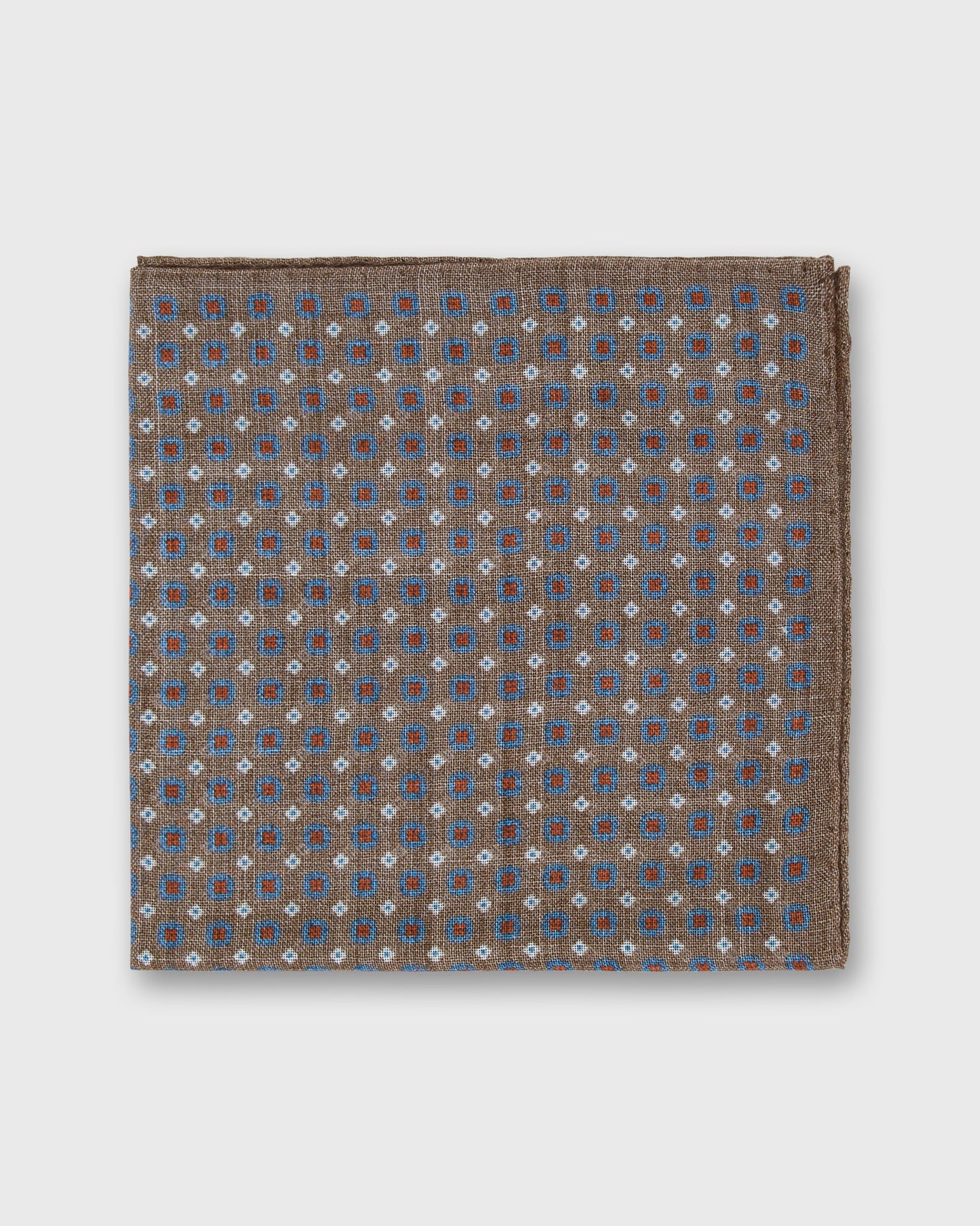 Hand-Rolled Wool/Silk Pocket Square in Brown/Blue/Orange Foulard