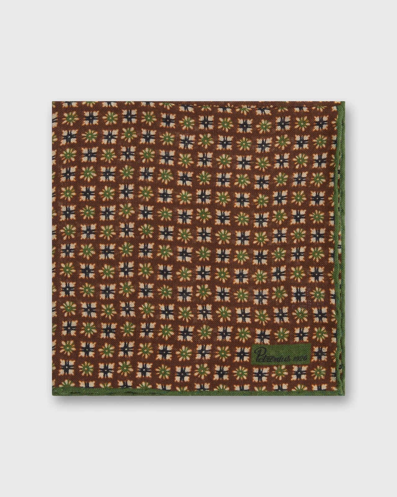 Wool/Silk Pocket Square in Brown/Straw/Olive Mosaic