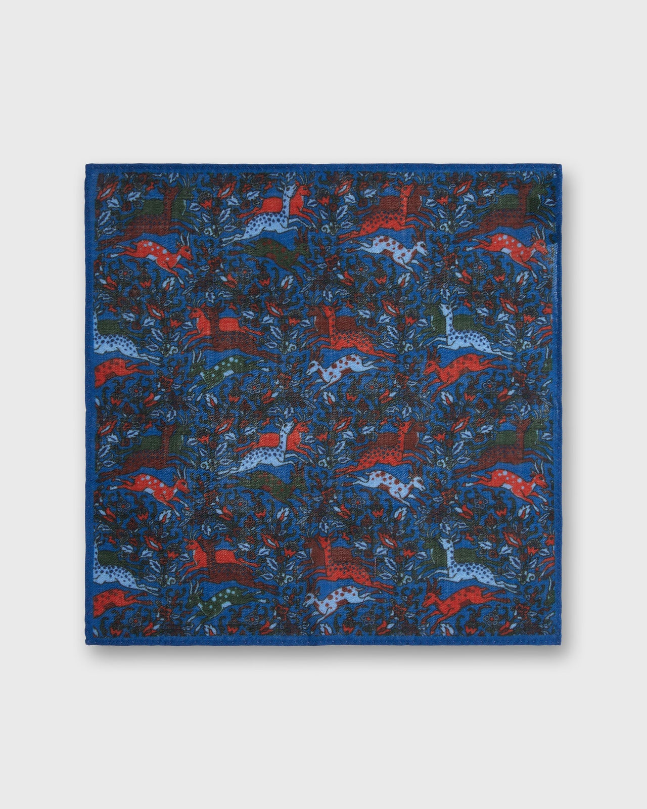 Hand-Rolled Wool Pocket Square in Blue Antelope Scene