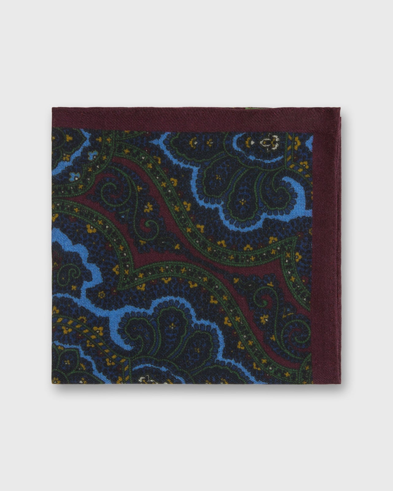 Hand-Rolled Wool Pocket Square in Green/Navy/Glacier Paisley
