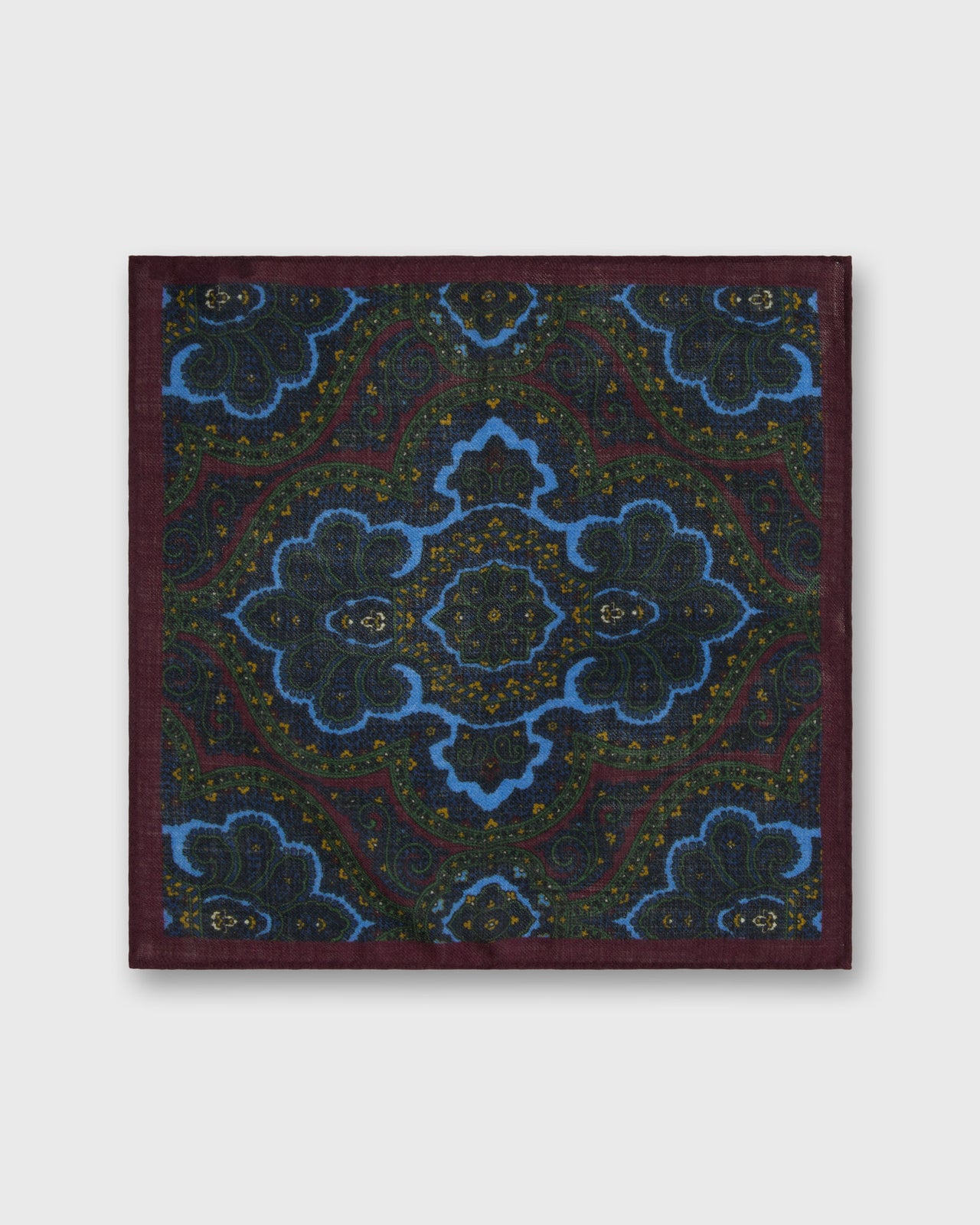 Hand-Rolled Wool Pocket Square in Green/Navy/Glacier Paisley