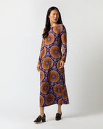 Load image into Gallery viewer, Long Sleeve Swing Dress in Purple Sovereign Stretch Satin
